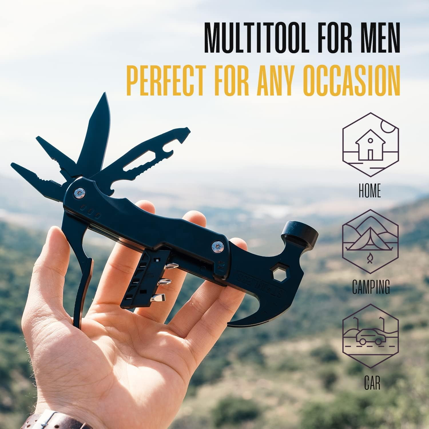 Eine Hand hält ein schwarzes Multitool mit vielen Werkzeugen. Icons zeigen Haus, Zelt und Auto.