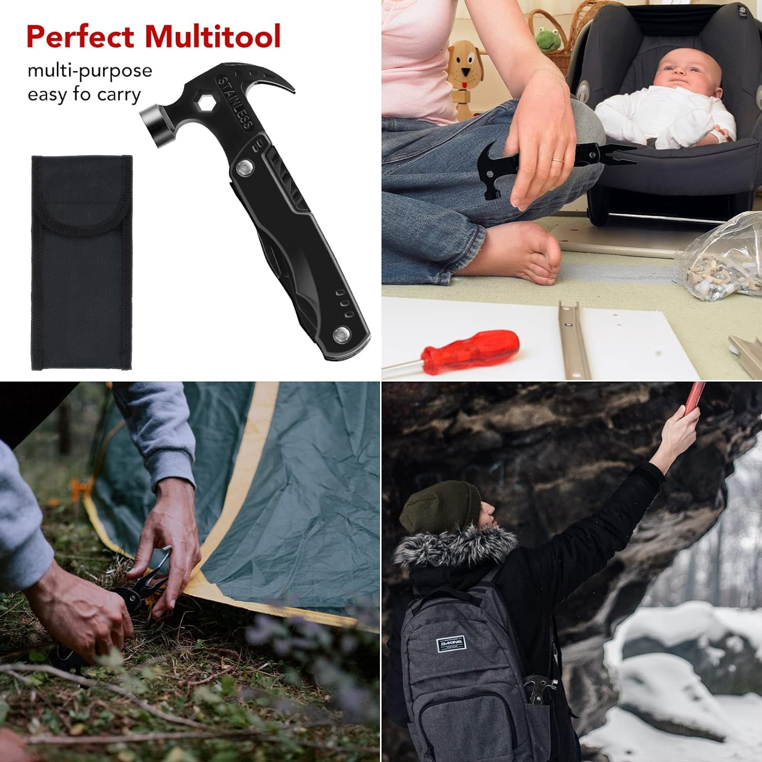 Collage aus einem schwarzen Multitool, einem Baby mit einer Person, Zeltaufbau und einer Person im Schnee.