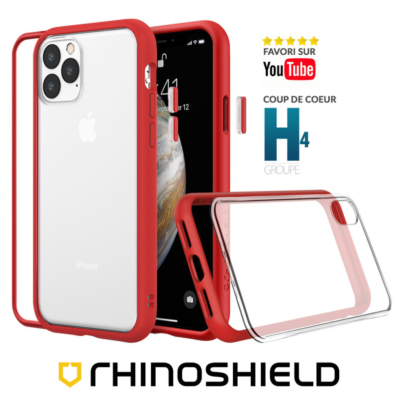 Cover rossa per iPhone e retro trasparente con logo Apple. Loghi YouTube e H4 Groupe.