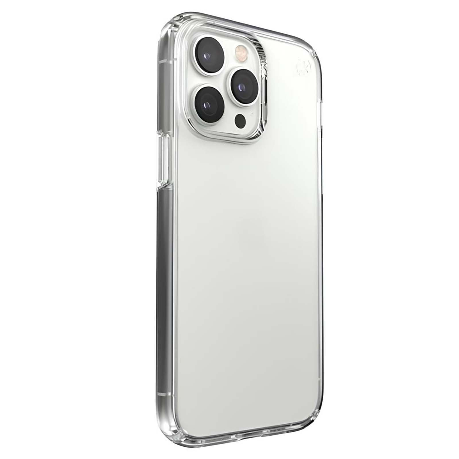 Custodia trasparente per telefono con tripla fotocamera sul retro.