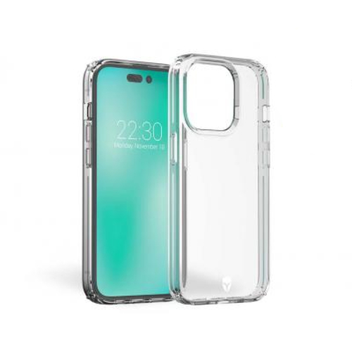 Una custodia trasparente accanto a uno smartphone con schermo verde che mostra l'ora.
