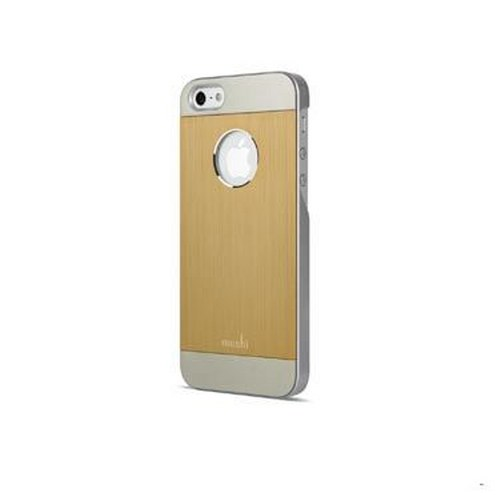 Custodia dorata per iPhone con bordo argentato e logo Apple.