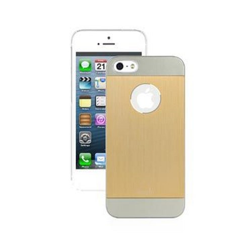 Un iPhone bianco con custodia dorata con logo Apple.