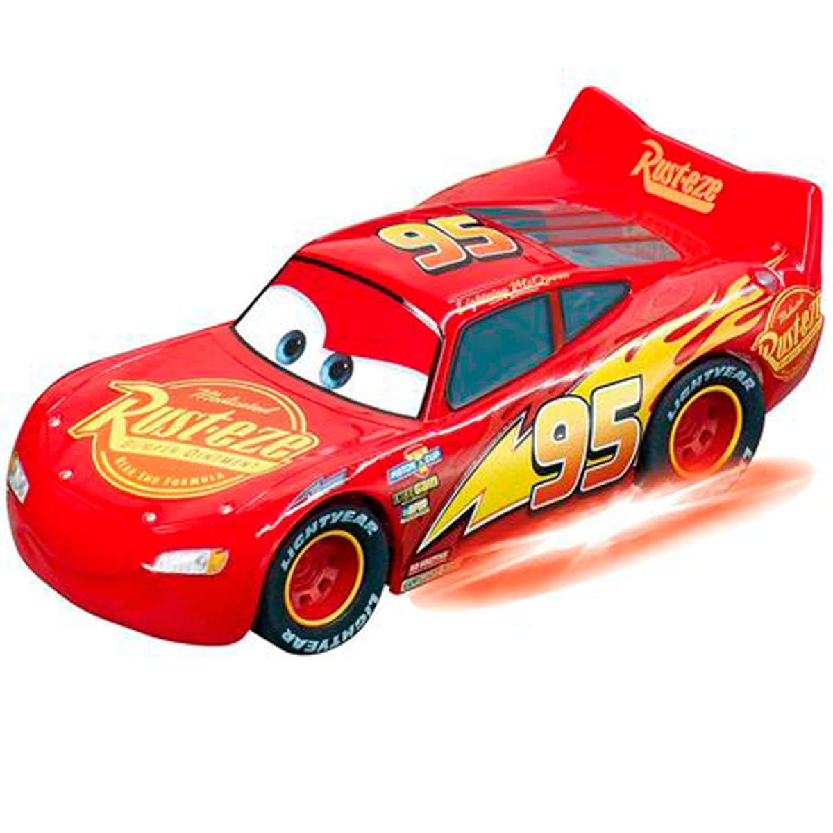Un coche rojo con el número 95, llamas y la marca "Rusteze".
