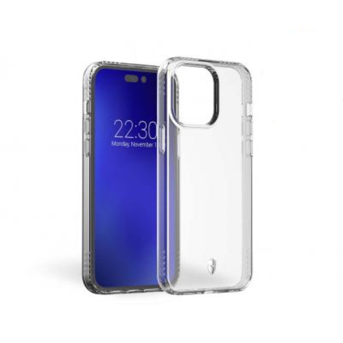 Una custodia trasparente per telefono accanto a uno smartphone con display blu.