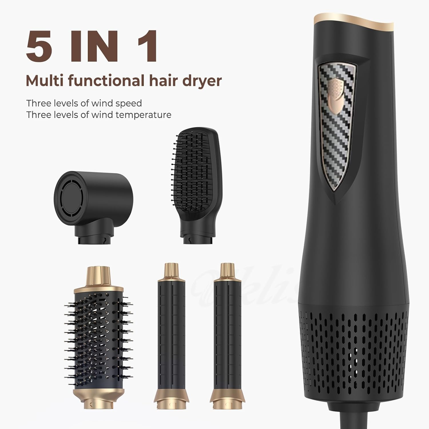 5-in-1 Haartrockner mit 5 Aufsätzen, schwarz und golden.