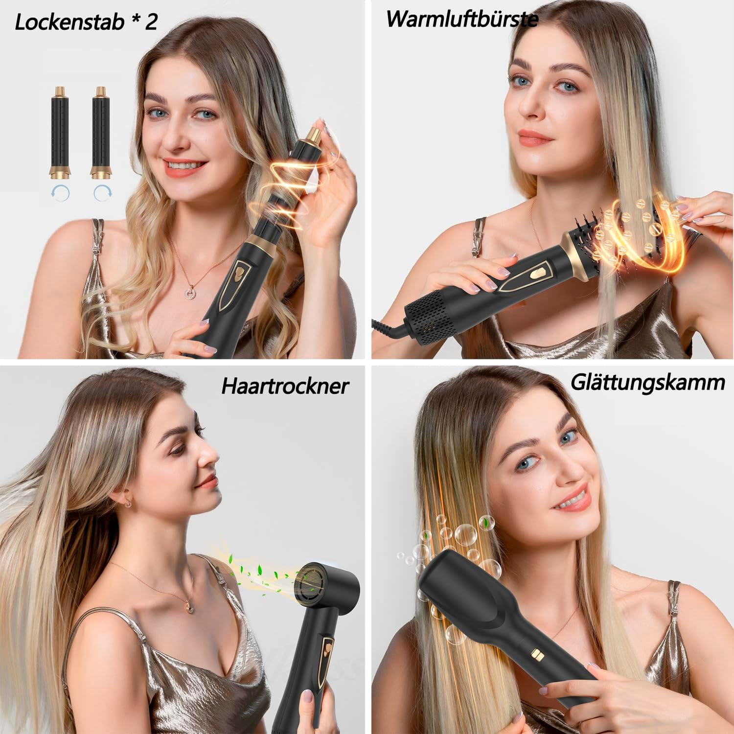 Vier Frauen zeigen Haarstyling-Geräte: Lockenstab, Warmluftbürste, Haartrockner, Glättkamm.