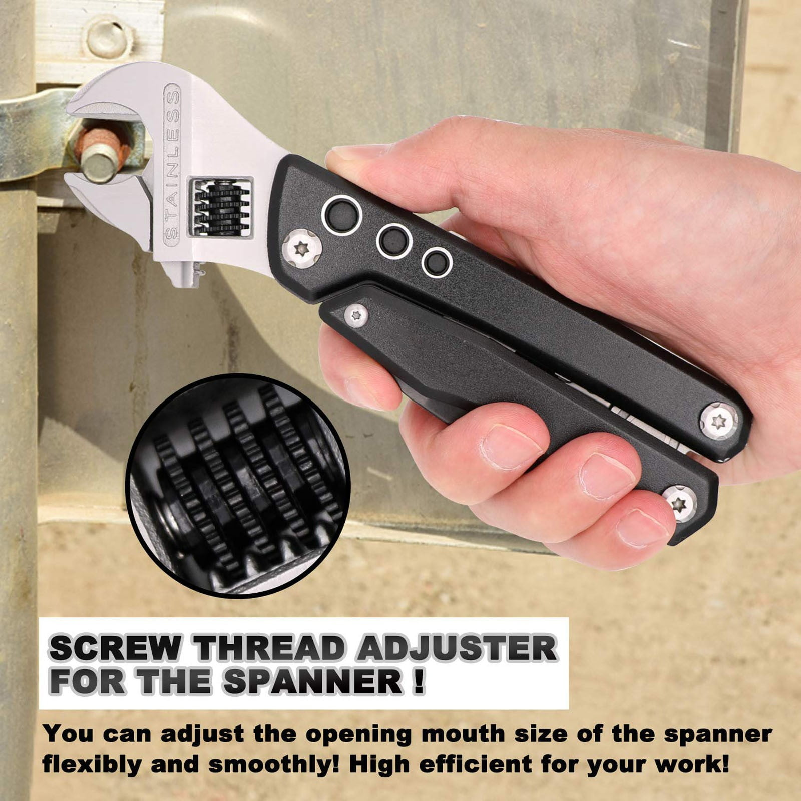 Hand hält verstellbaren Schraubenschlüssel mit Schraubengewinde-Einsteller für Spanner.