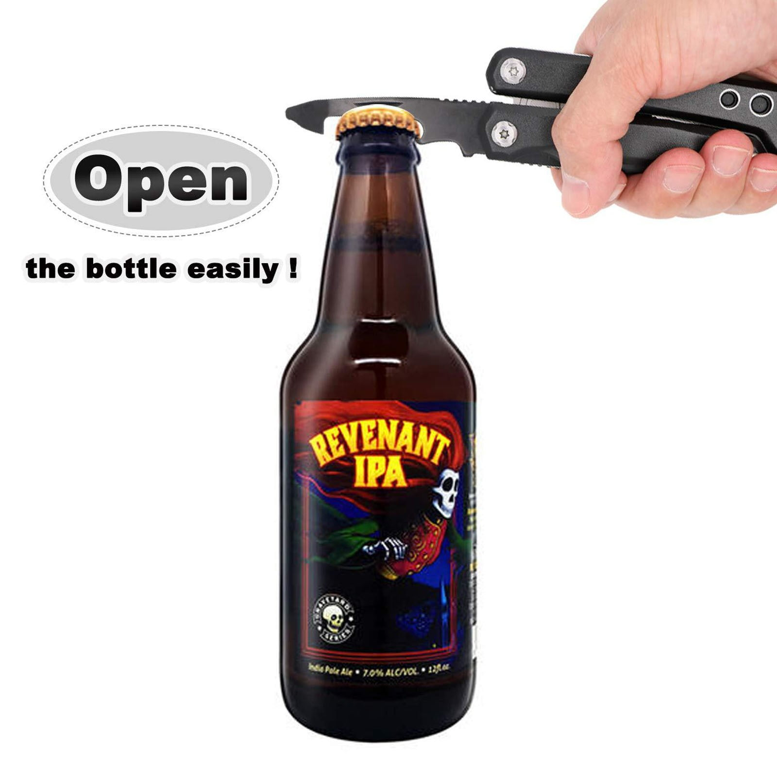 Ein Multitool öffnet eine Bierflasche.
