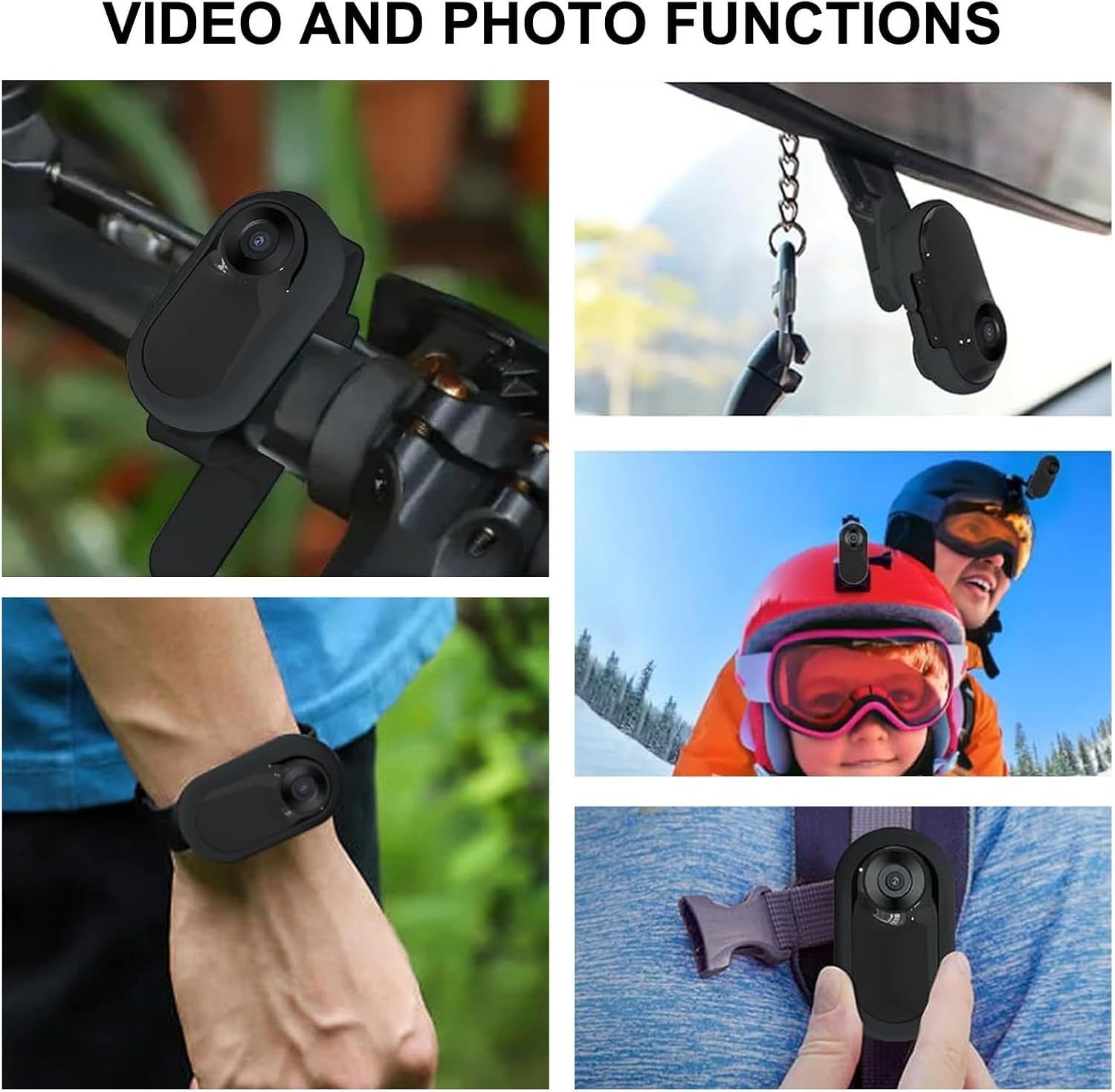 Kleine schwarze Kameras an Fahrradlenker, Rückspiegel, Armband und Helm.