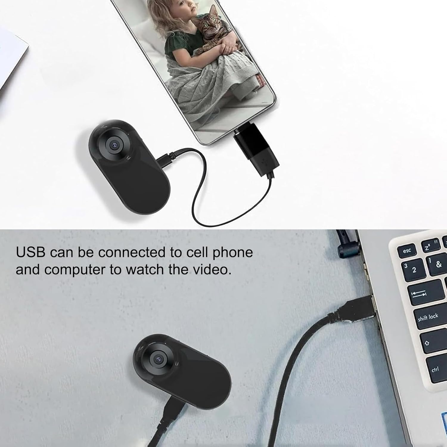 Eine schwarze Kamera verbindet sich mit einem Telefon, das ein Mädchen mit einer Katze und einem Laptop zeigt.