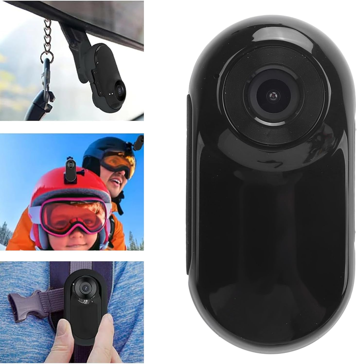 Eine kleine schwarze Kamera ist an einer Tasche befestigt. Mehrere andere Bilder zeigen sie.