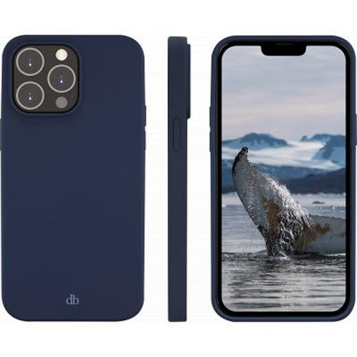 Tre viste di una custodia blu scuro per telefono con pinna di balena sullo schermo.