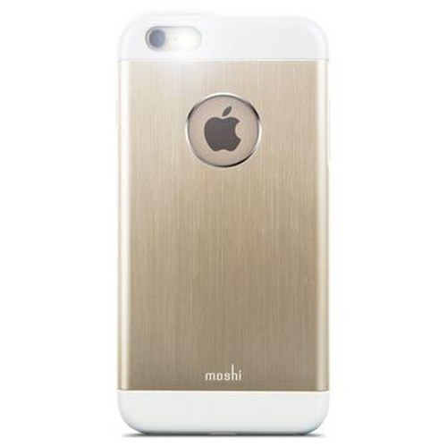Custodia dorata per iPhone con bordi superiore/inferiore bianchi e logo Apple.