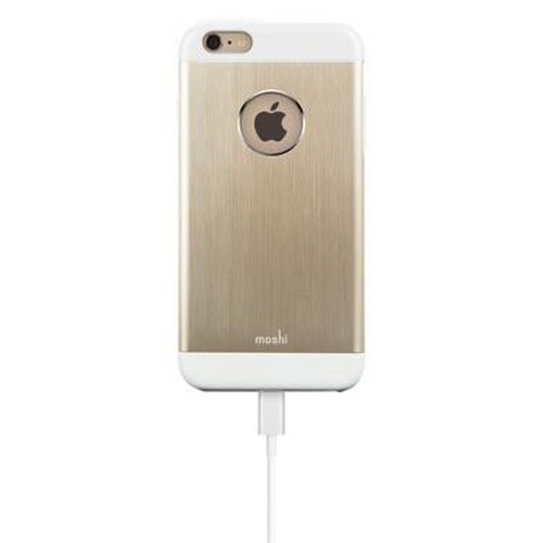 Custodia Moshi oro per iPhone con bordo bianco e logo Apple, in carica.