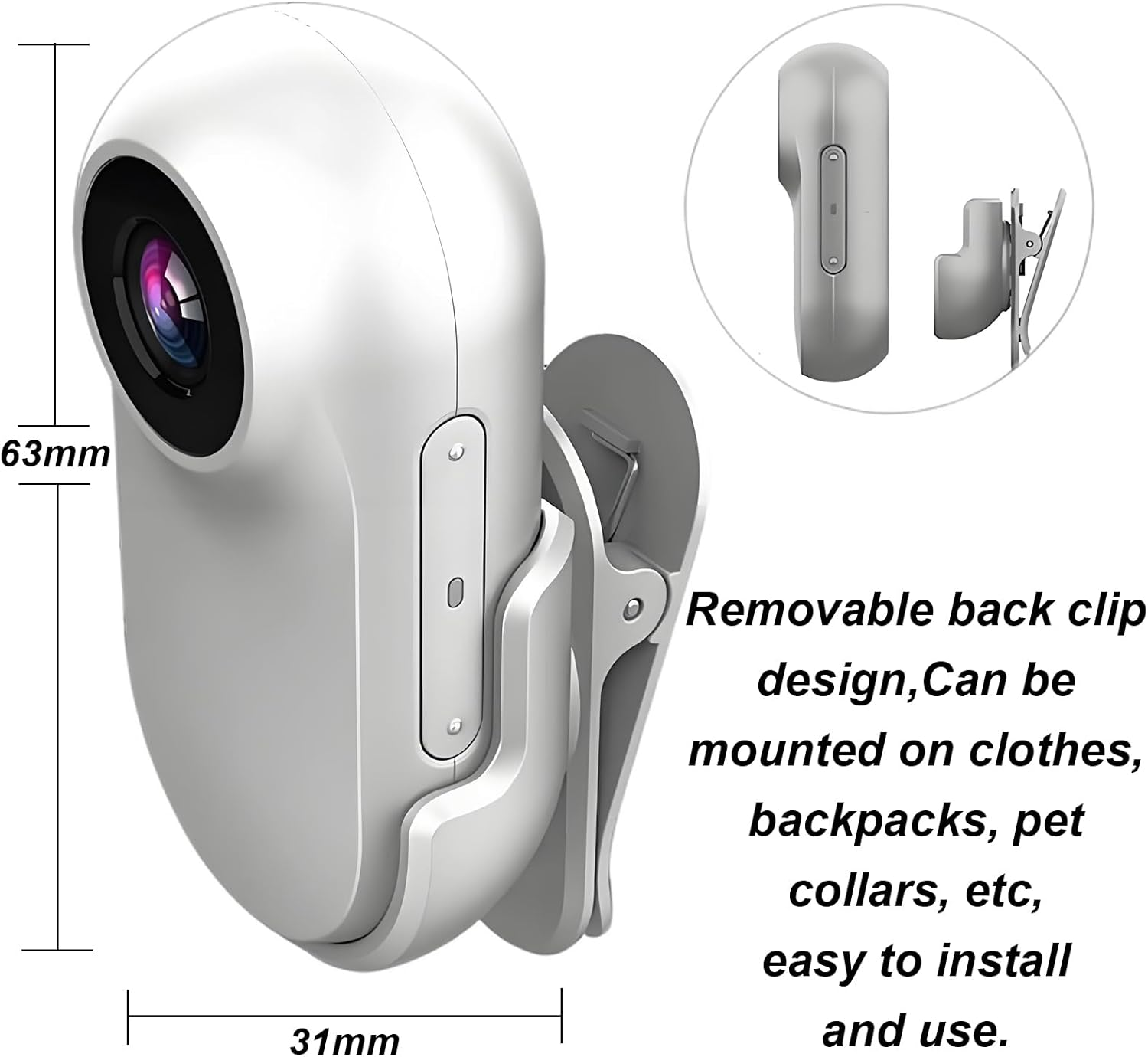Kompakte weiße Kamera mit abnehmbarem Clip, 63x31mm.