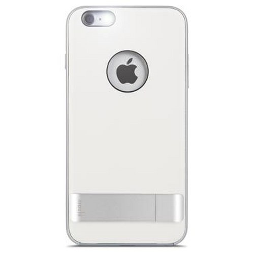 Custodia bianca per iPhone con logo Apple e cavalletto argentato.