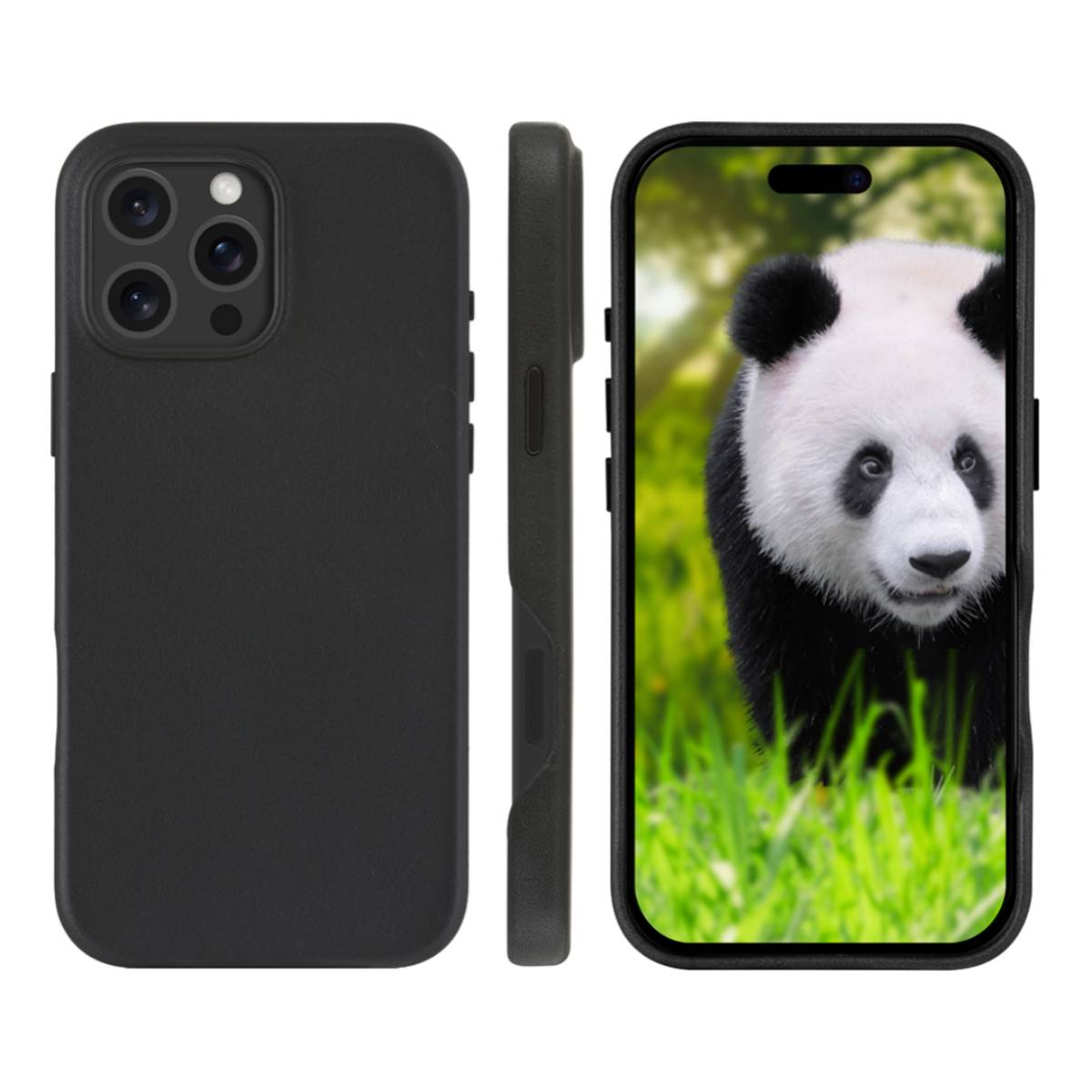Una cover nera per telefono vista da dietro, lato e fronte, con un panda sullo schermo.