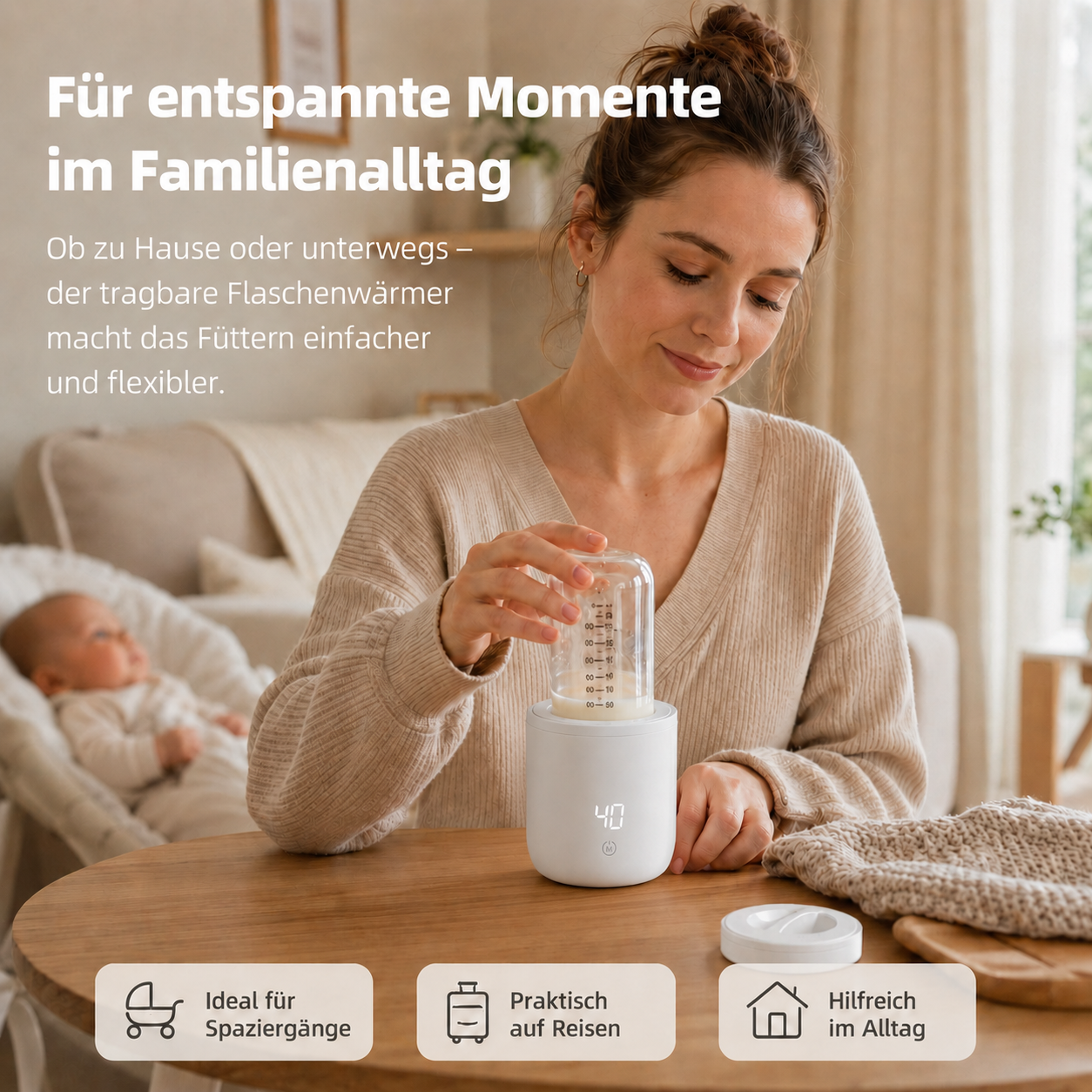 Eine Frau erwärmt eine Babyflasche in einem tragbaren Gerät, ein Baby liegt im Hintergrund.