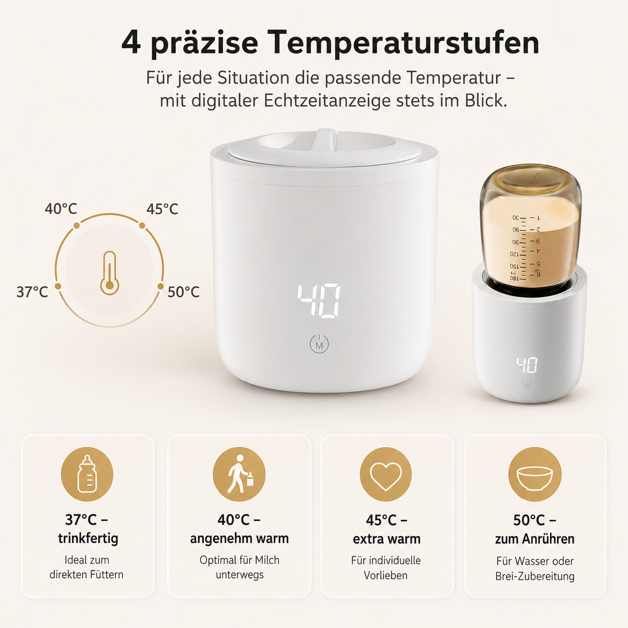 Ein weißer Flaschenwärmer mit vier Temperaturstufen und digitaler Anzeige.