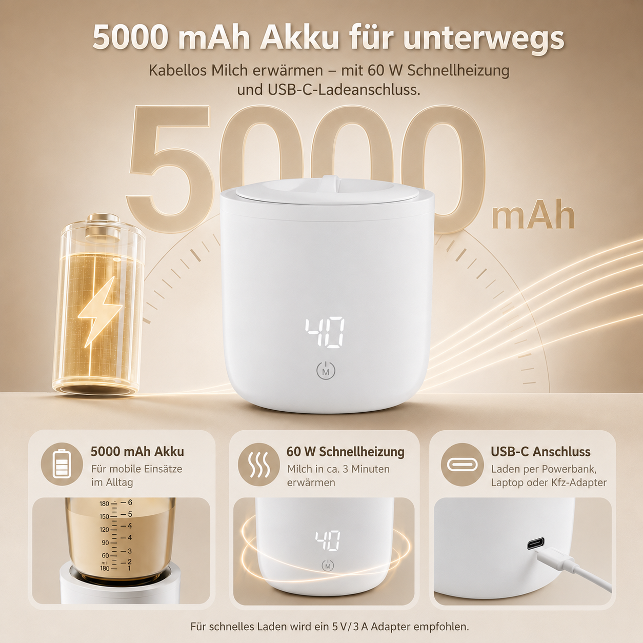 Ein weißer Milchwärmer mit 5000 mAh Akku, digitaler Anzeige und USB-C-Anschluss.