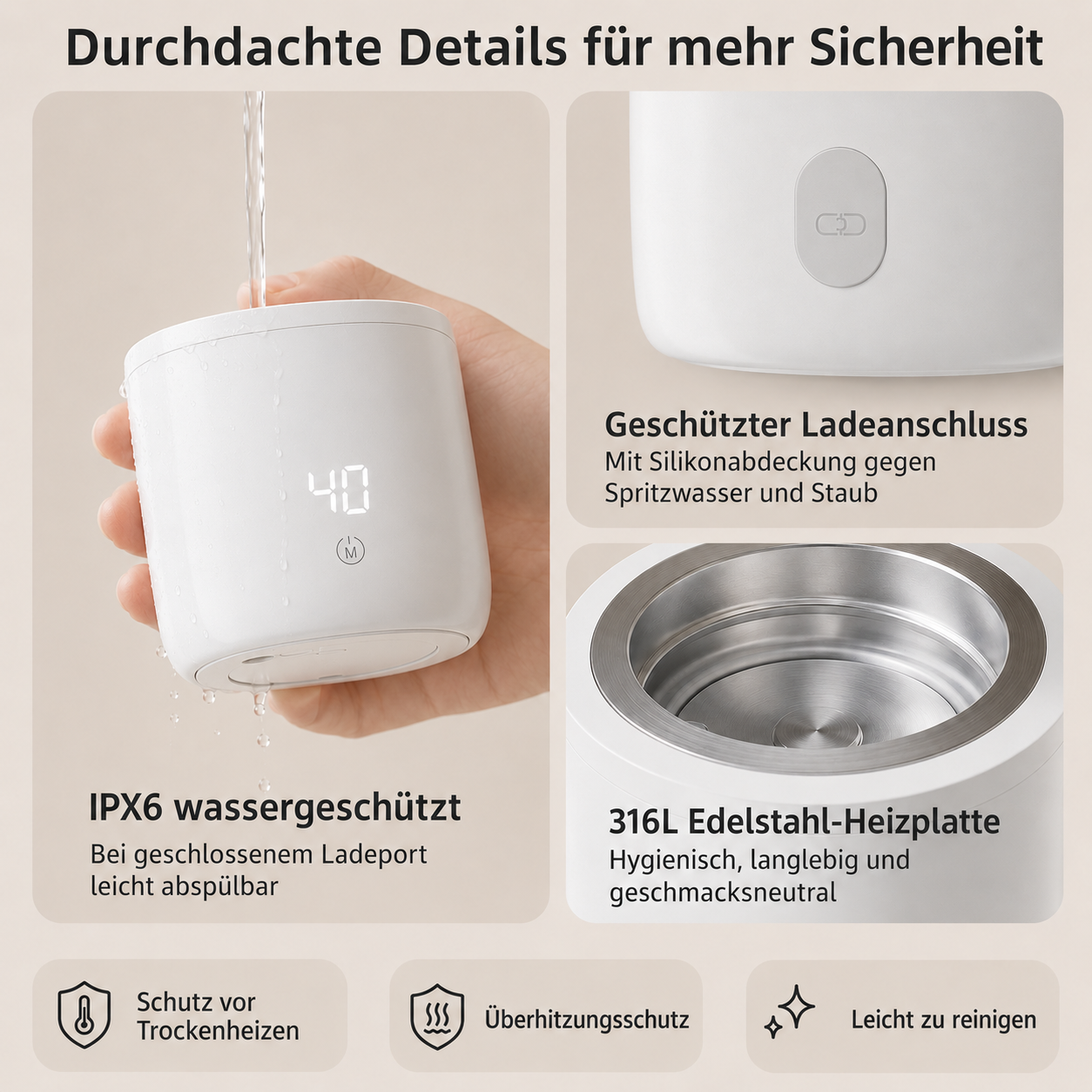 Ein weißes Gerät mit einer digitalen Anzeige von 40 wird von einer Hand gehalten, während Wasser darüber fließt.