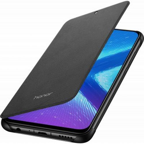 Uno smartphone nero con copertina apribile aperta, su sfondo bianco.