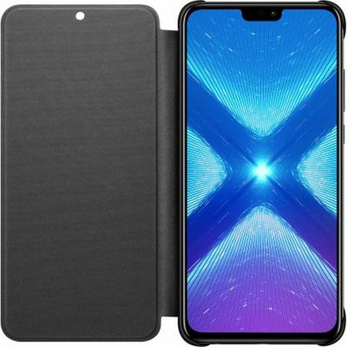 Uno smartphone nero con custodia a libro in pelle aperta. Lo schermo mostra un motivo blu a forma di X.