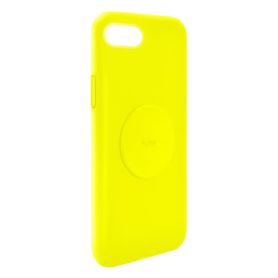 Una custodia per telefono giallo brillante con un'indentazione circolare e un ritaglio per fotocamera.