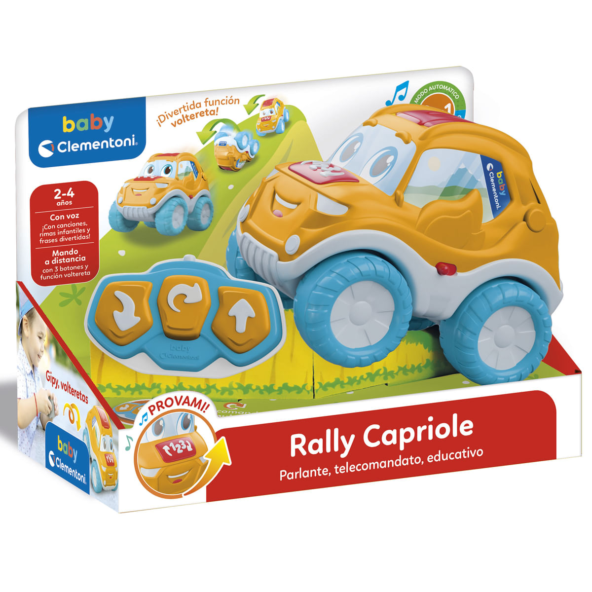 Coche de juguete amarillo con ruedas azules y mando a distancia en embalaje. Texto: Baby Clementoni Rally Capriole.