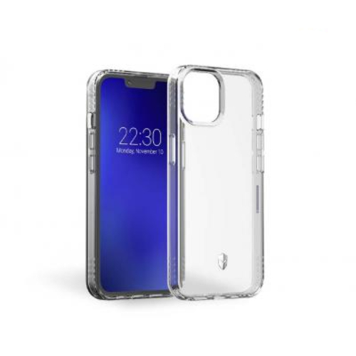 Una custodia trasparente per telefono accanto a uno smartphone con schermo blu.