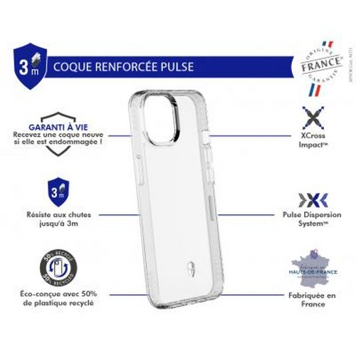 Custodia trasparente per telefono con testo su protezione e origine Francia.