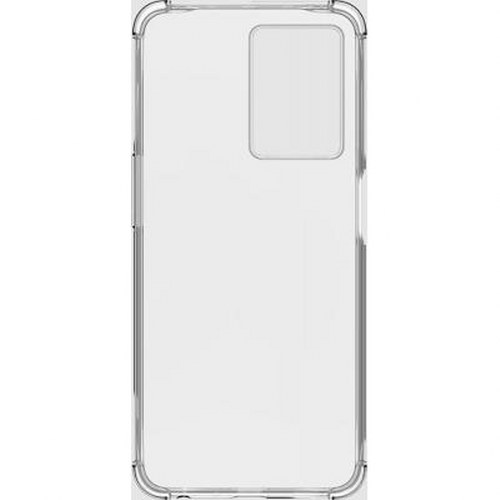 Custodia trasparente per telefono con ritaglio fotocamera rettangolare in alto a destra.