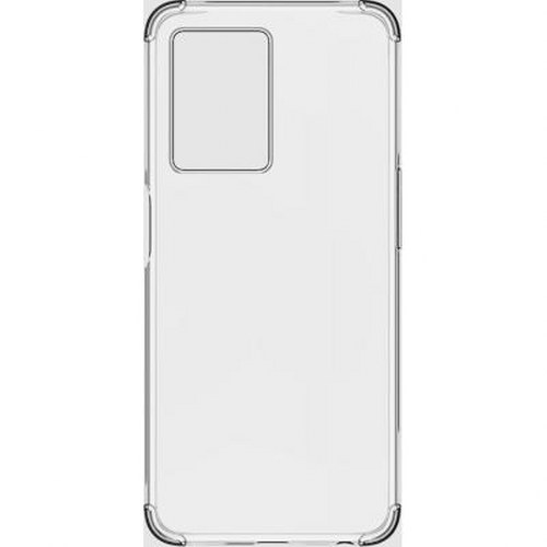 Custodia trasparente per telefono con ritaglio fotocamera rettangolare in alto a sinistra.
