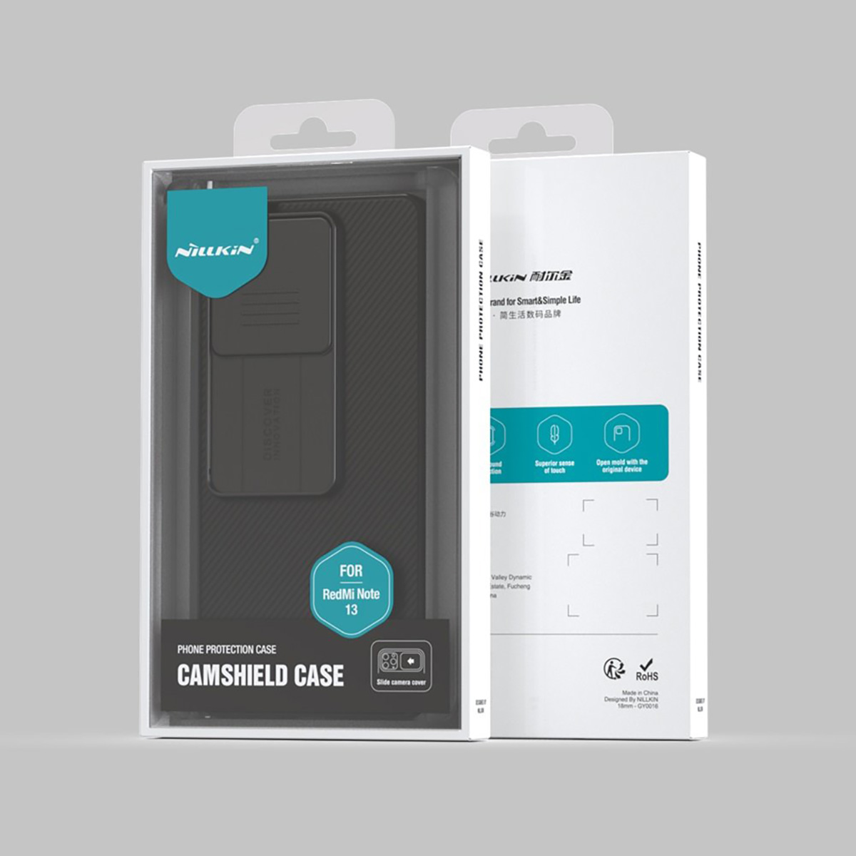 Custodia Nillkin Camshield per Redmi Note 13, nera, con copri fotocamera scorrevole.