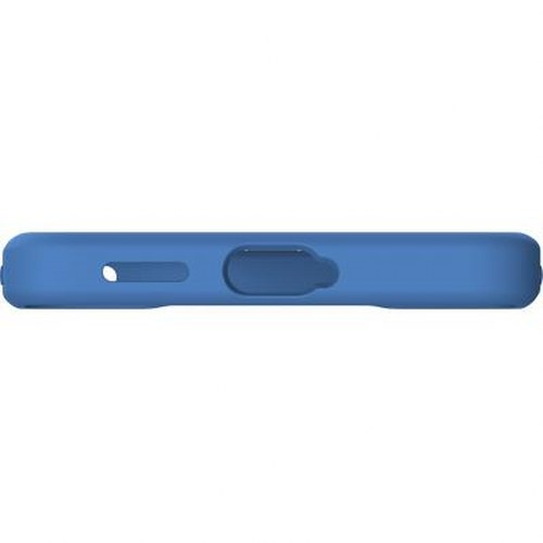 Una custodia blu per smartphone con ritagli per porte e pulsanti.