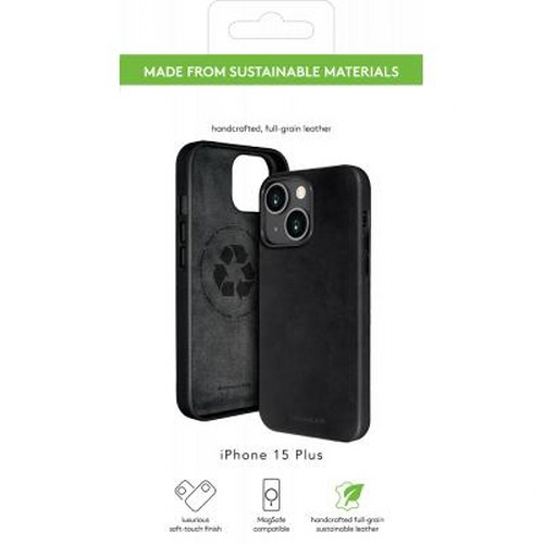 Custodia in pelle nera per iPhone 15 Plus, realizzata con materiali sostenibili.
