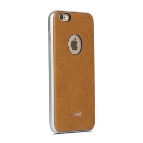 Custodia marrone per iPhone con logo Apple e scritta Moshi.