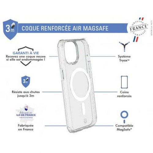 Custodia MagSafe trasparente, made in France, protezione caduta 3m, garanzia a vita.