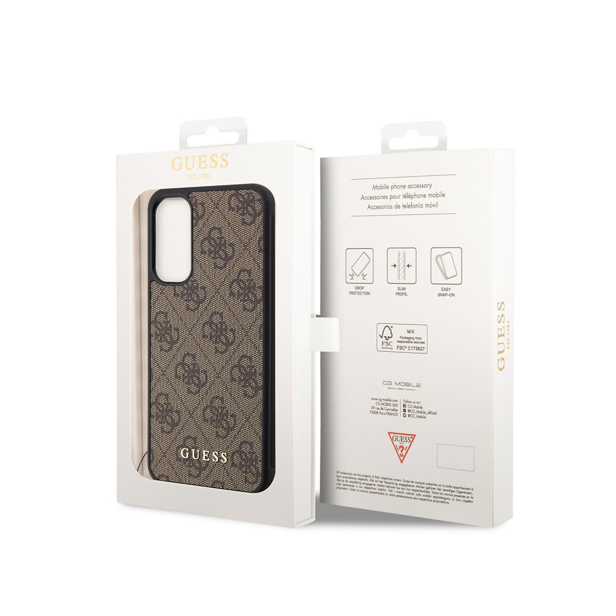 Custodia Guess con motivo monogramma beige e marrone, in confezione.