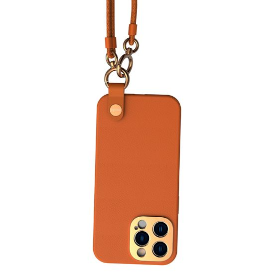 Ein orangefarbenes Handycase mit einem goldenen Kamerarahmen, befestigt an einer Kordel.