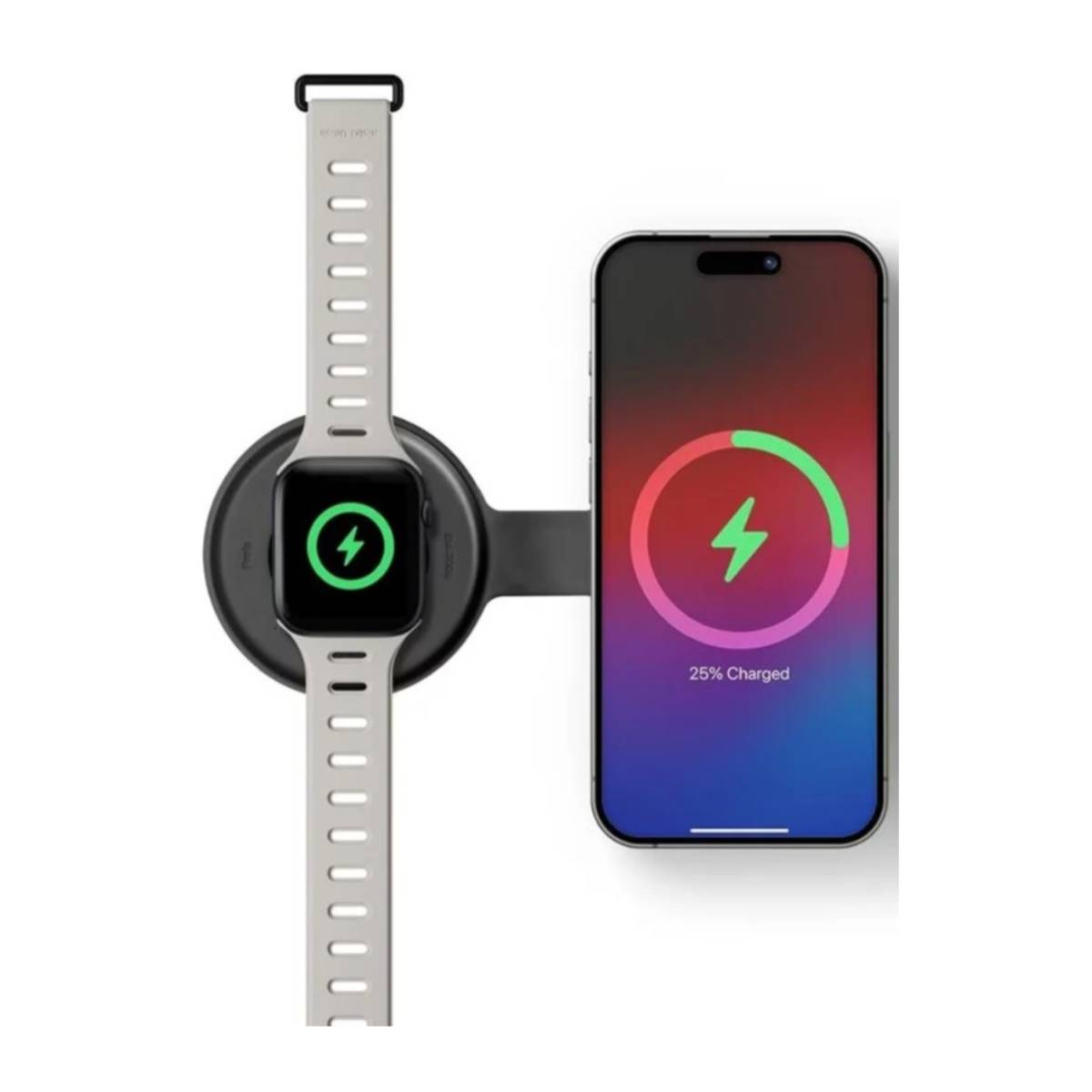 Uno smartwatch e uno smartphone si caricano su una base di ricarica nera.
