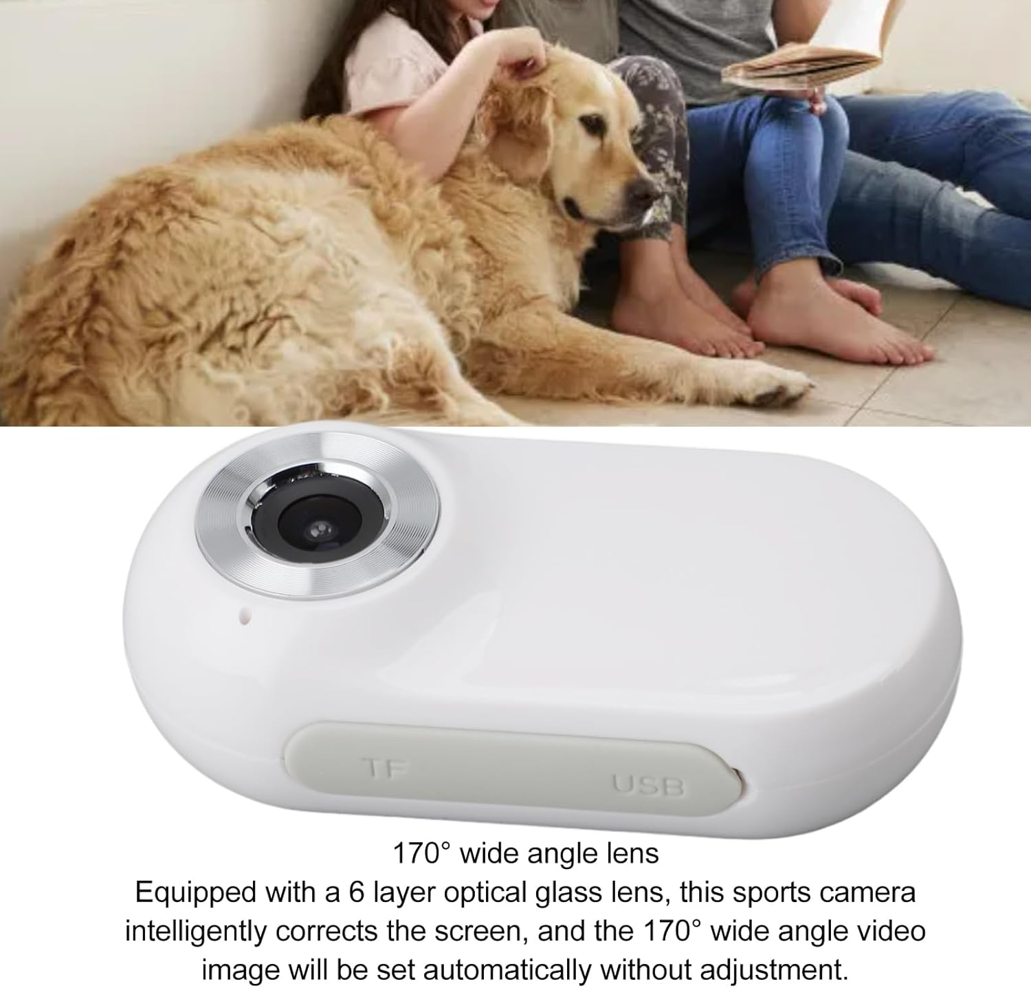 Ein Hund liegt neben Personen, darunter eine Kamera.