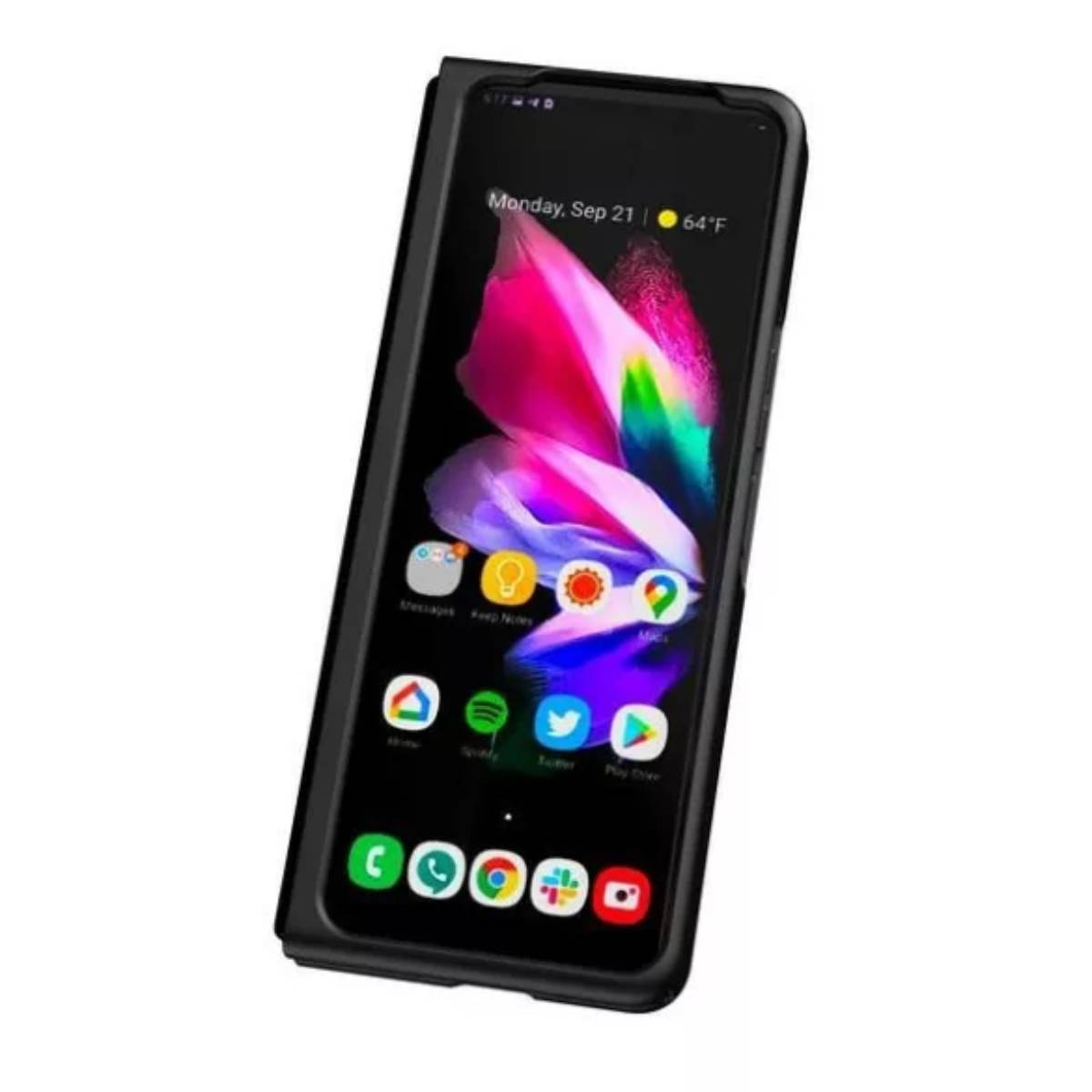 Un telefono pieghevole nero che mostra uno sfondo colorato e icone di app.