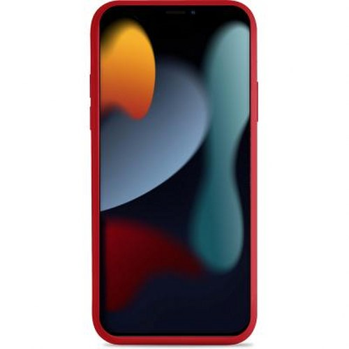 Un iPhone rosso con uno sfondo astratto.