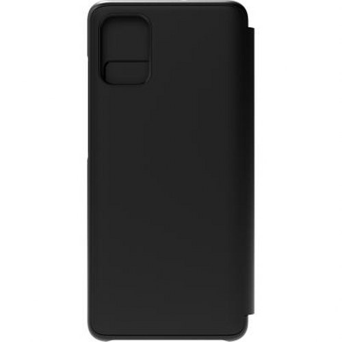 Telefono nero con un ritaglio rettangolare per il modulo fotocamera in alto a sinistra.