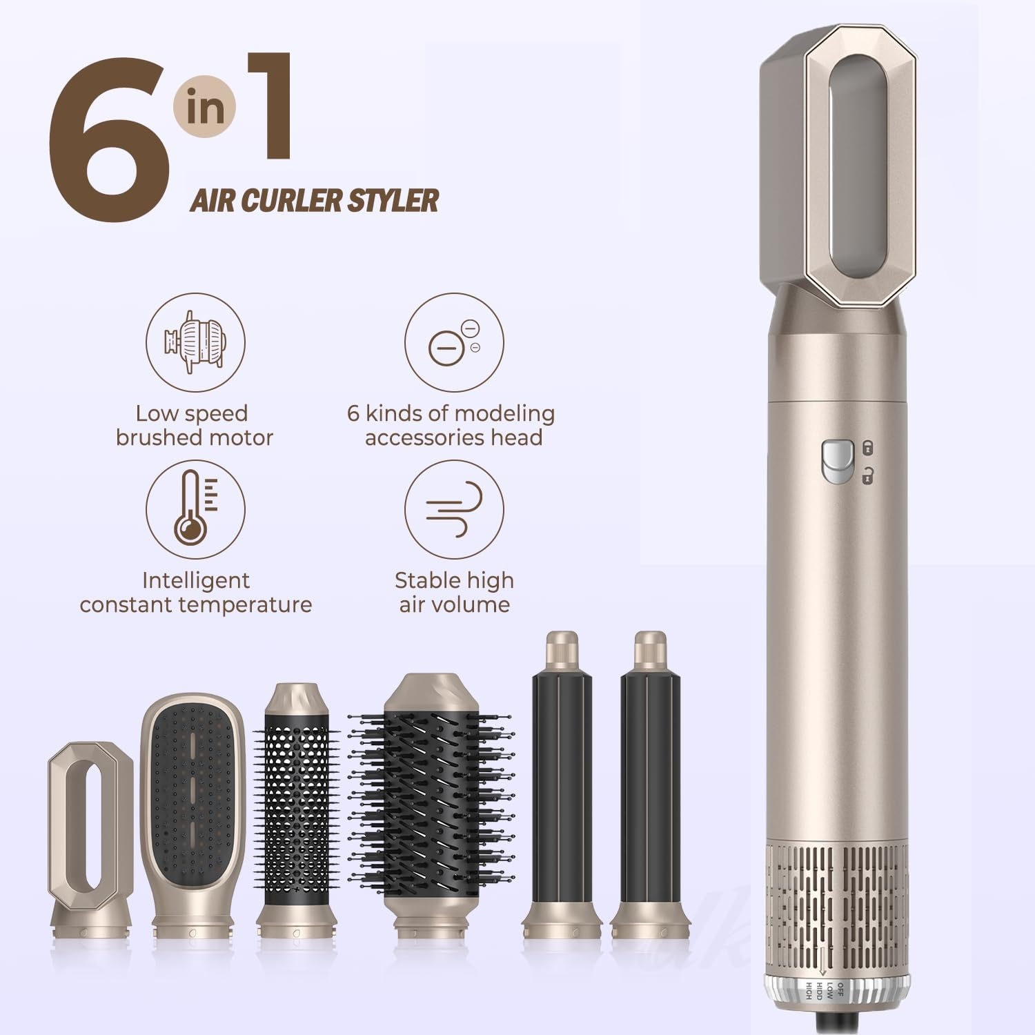 Goldener 6-in-1-Luftlockenstab-Styler mit mehreren Aufsätzen und Funktionen.