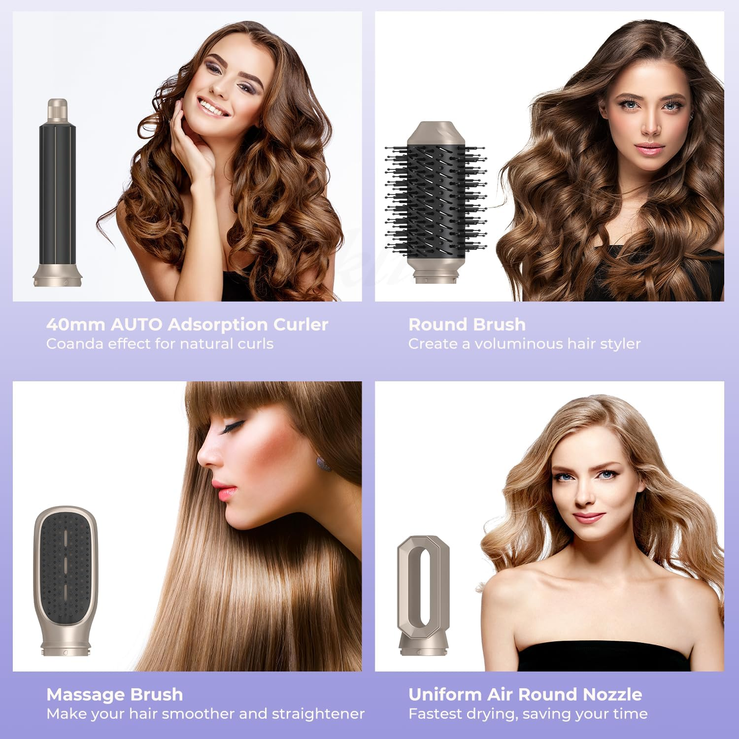 Vier Haarstyling-Aufsätze: Lockenstab, Rundbürste, Massagebürste, Düse.
