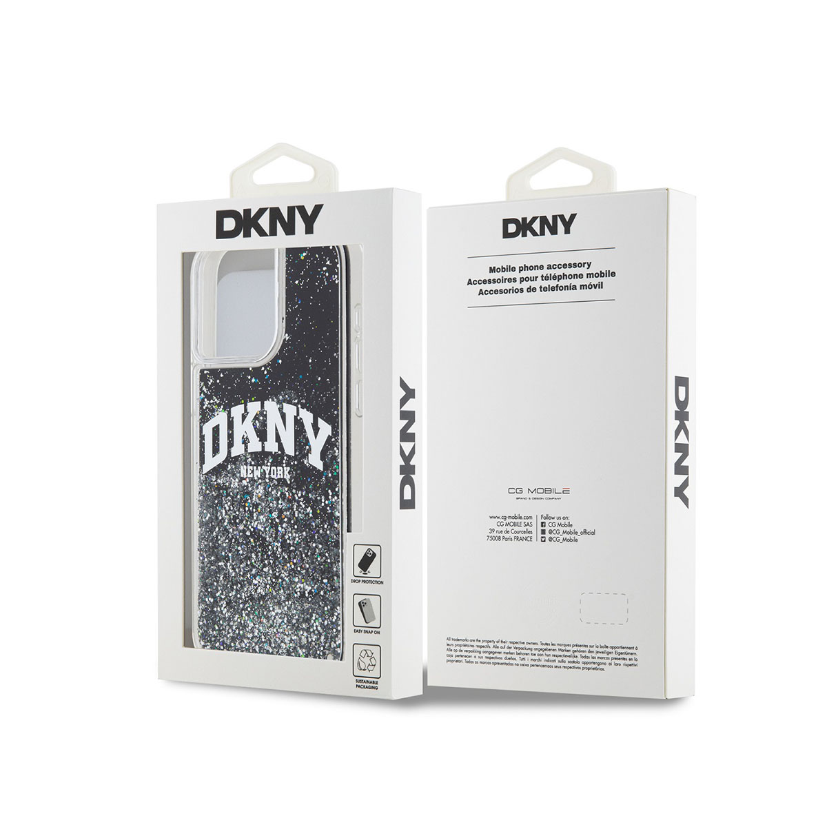 Custodia DKNY con glitter e logo sul davanti, in confezione bianca.