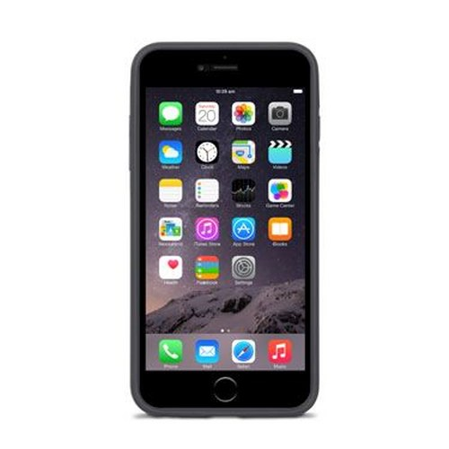 Un iPhone nero in una custodia grigia mostra la schermata home con numerose icone di app.